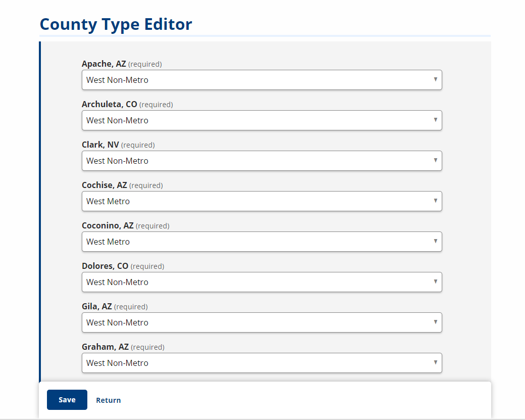 Screenshot of the County Type Edit page