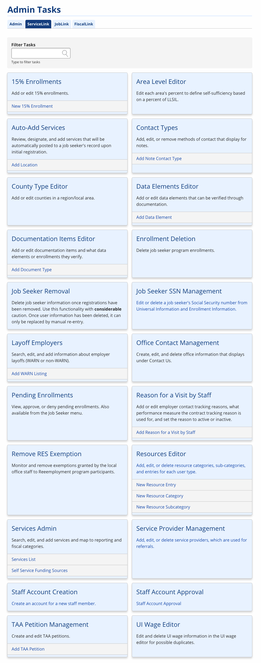 ServiceLink Admin Tasks screenshot