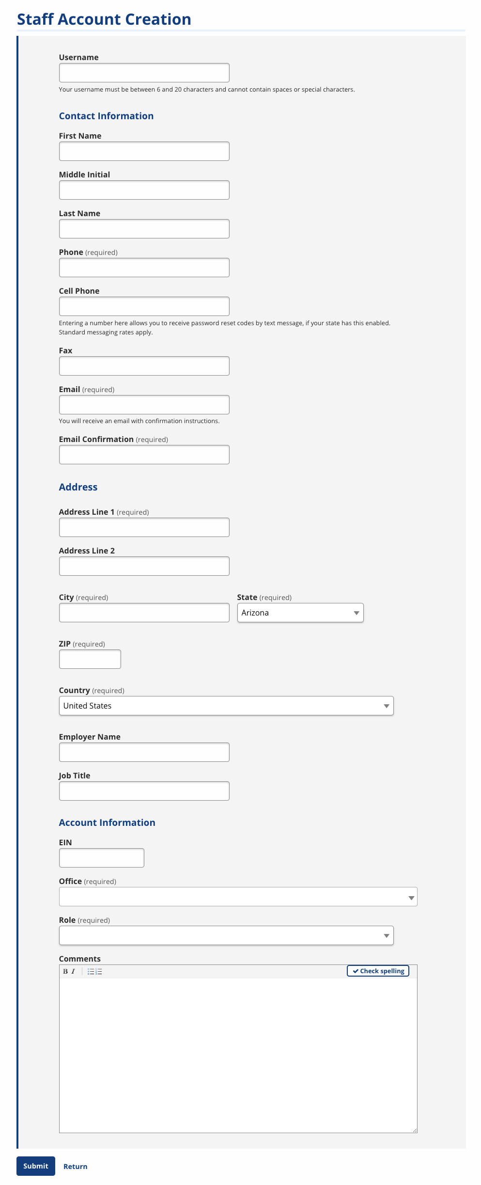 Staff Account Creation screenshot