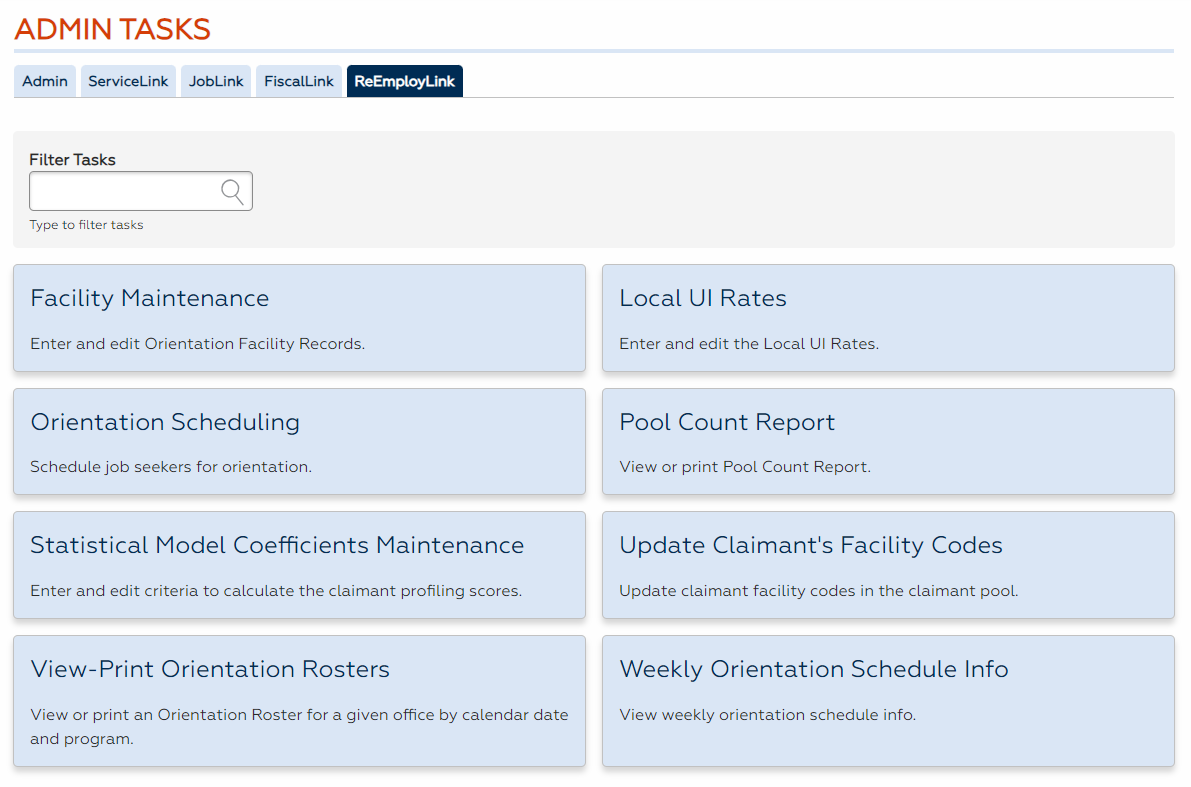 ReEmployLink Admin Tasks screenshot