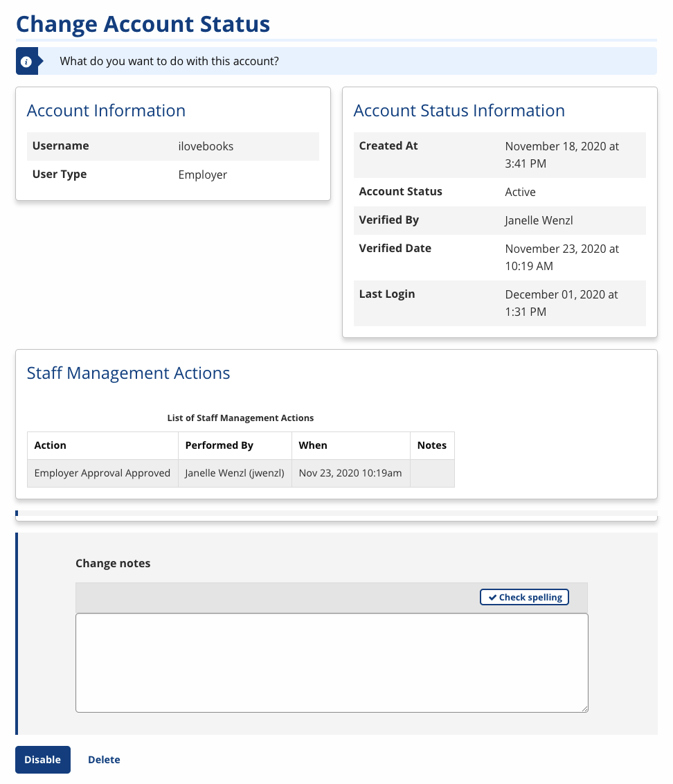 Employer Account Status screenshot