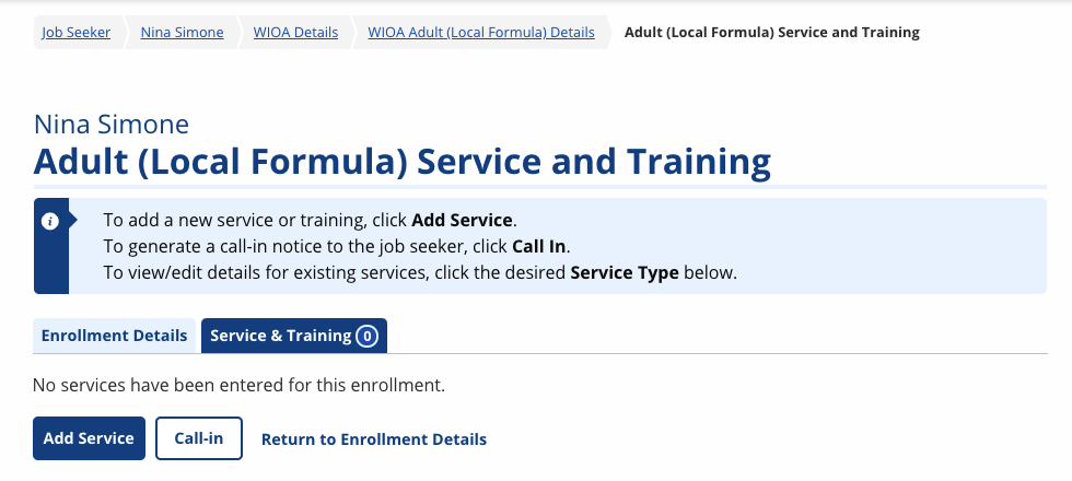 Screenshot of the Service and Training Plan page without any services added