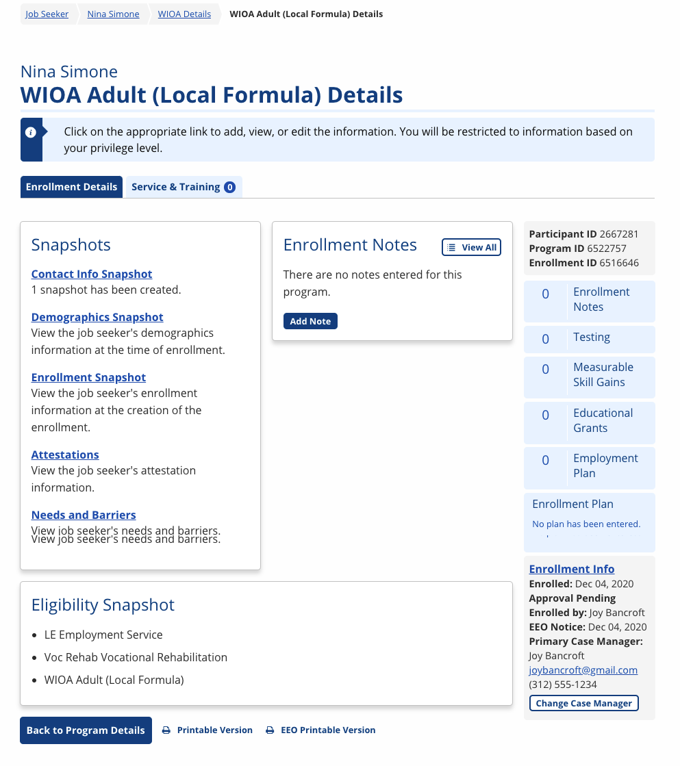Screenshot of the WIOA Enrollment Details page