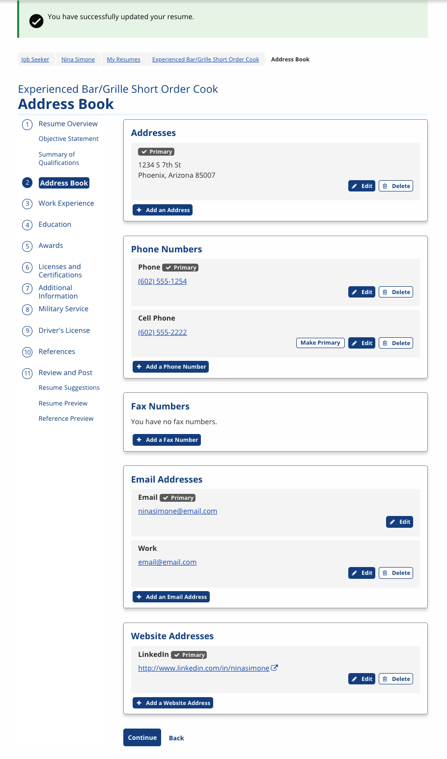 Resume Address Book screenshot