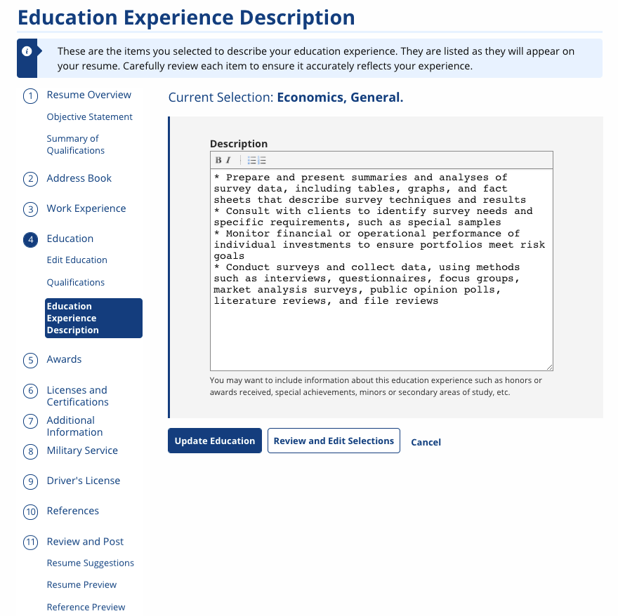 Work Experience Description Screenshot
