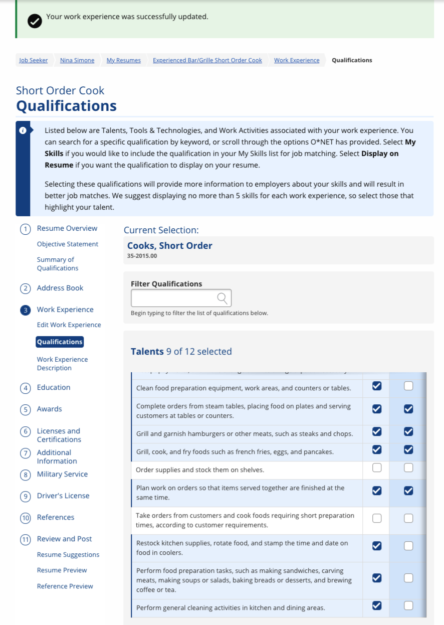 List of Work Experience Qualifications