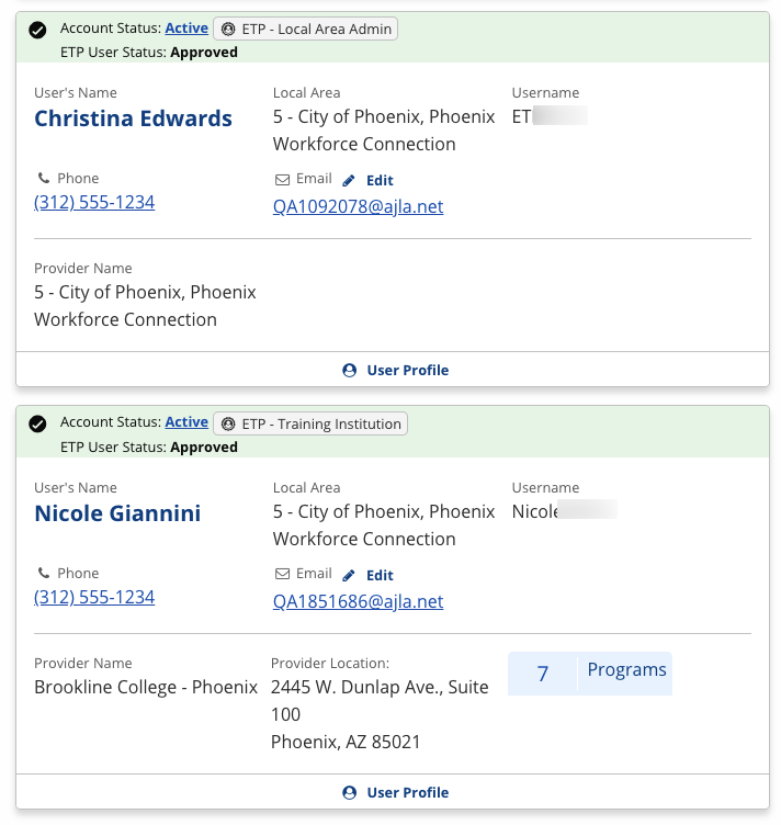 User Search Training Provider Result screenshot