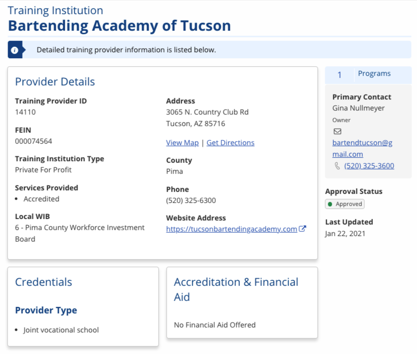 screenshot of the Training Provider Details page
