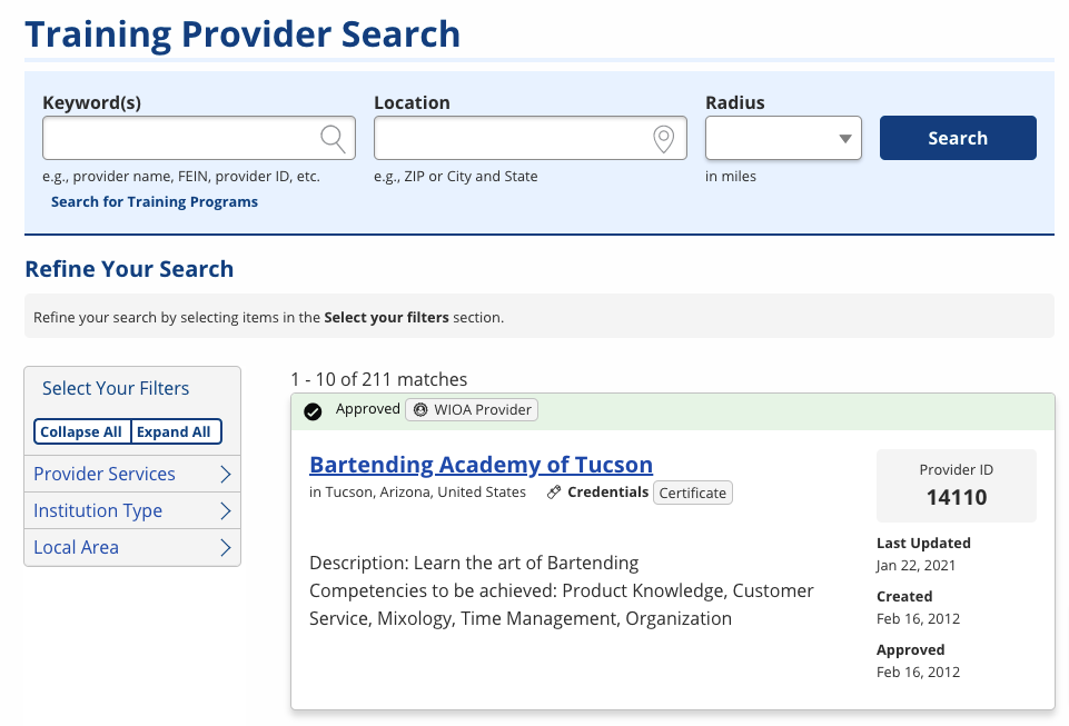 screenshot of the Training Provider search