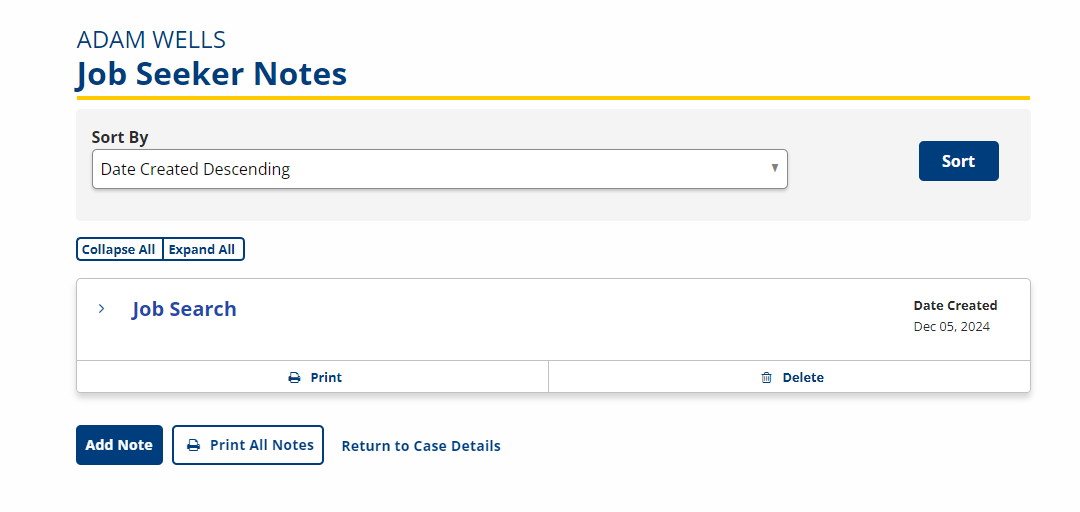 Job Seeker Notes page, which displays all notes